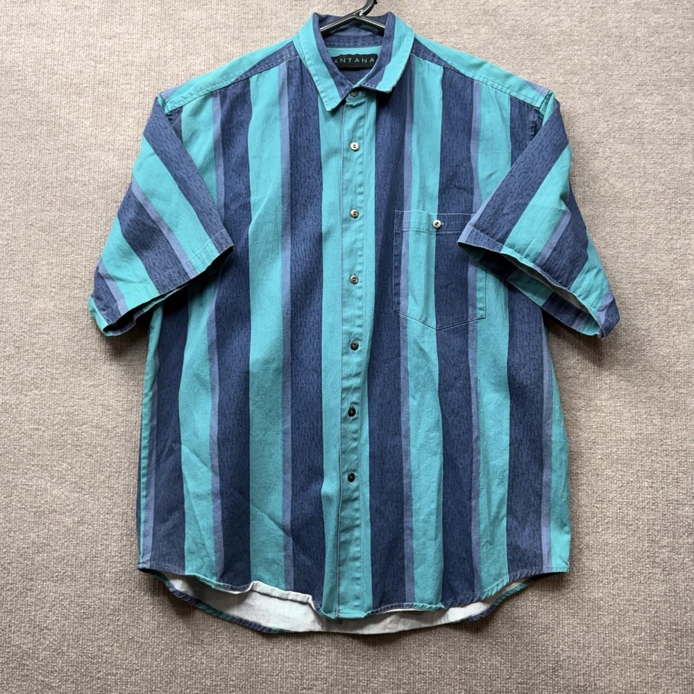 Santana Shirt Mens Large Blue Teal Stripe Button Up Casual Brushhopper Vintage